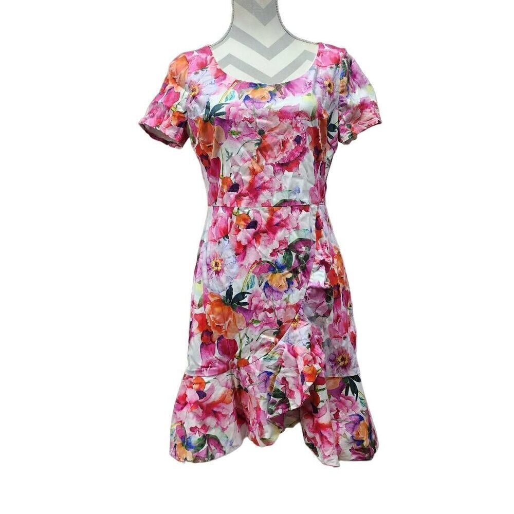 Alexia Admor Spring Watercolor Ruffle Short Sleeve Floral Dress Approx Size Medi
